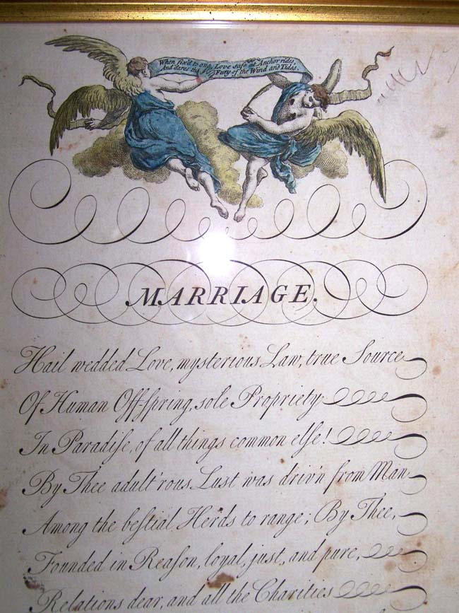 An 18th century Hand Colored Engraving entitled "MARRIAGE" published in London in 1741 by George Bickham.